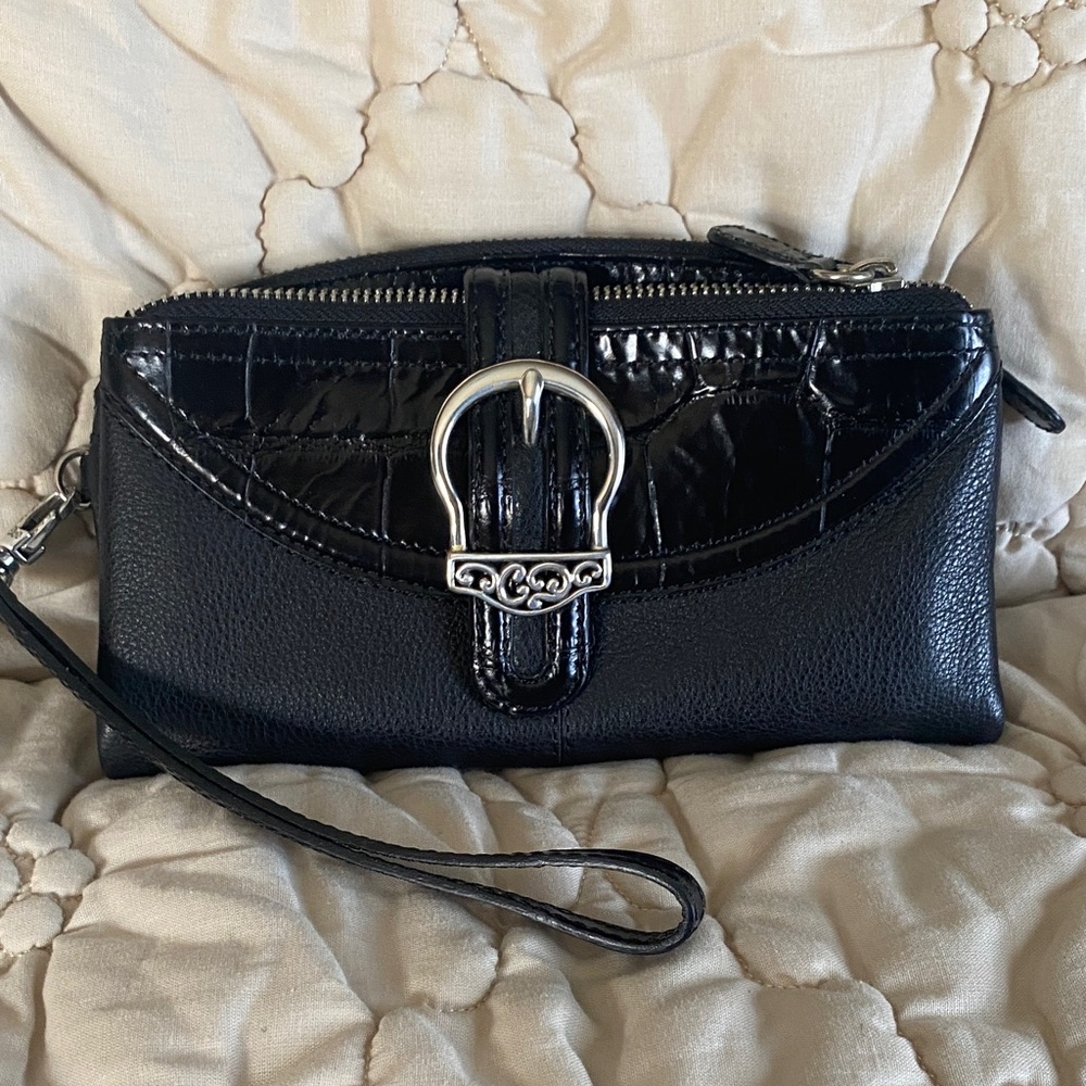 Brighton Black Leather Wristlet with Silver Accents
